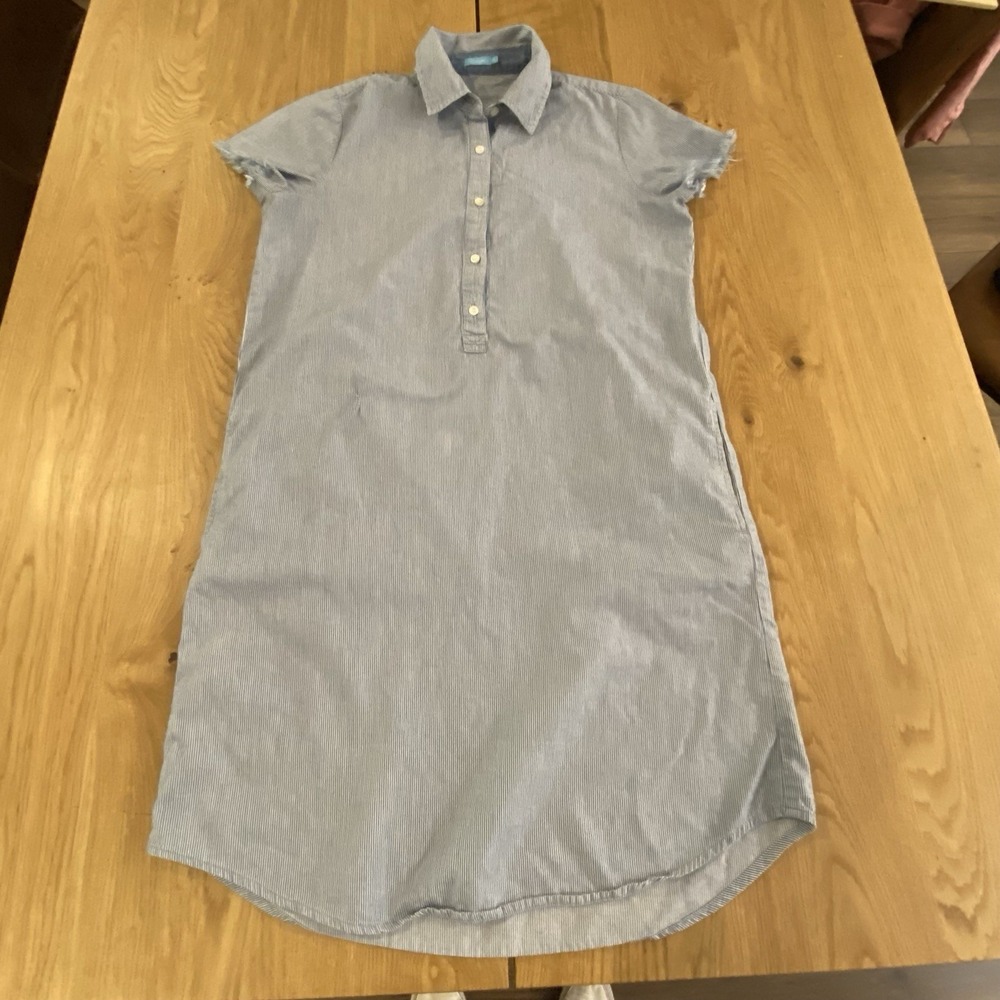 J. McLaughlin Arissa Pinstripe Fray Blue Cotton Shirt Dress W/pockets Sz XS*